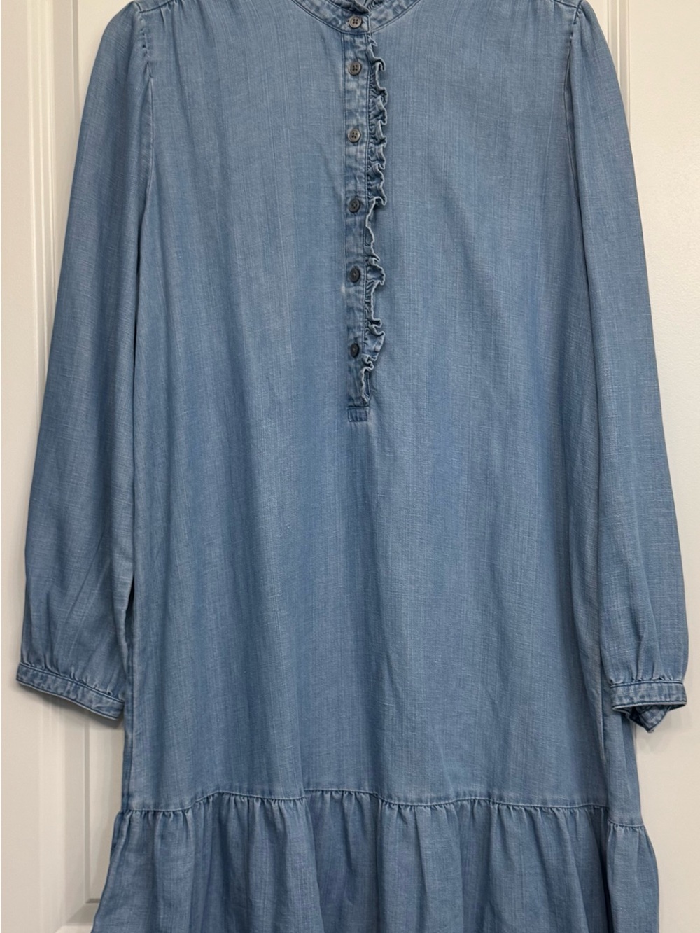 Light Wash Denim Tunic Dress with Ruffle Placket